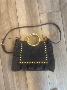 kate spade blue denim Ruffle Shoulder Bag with Gold Ring Handle